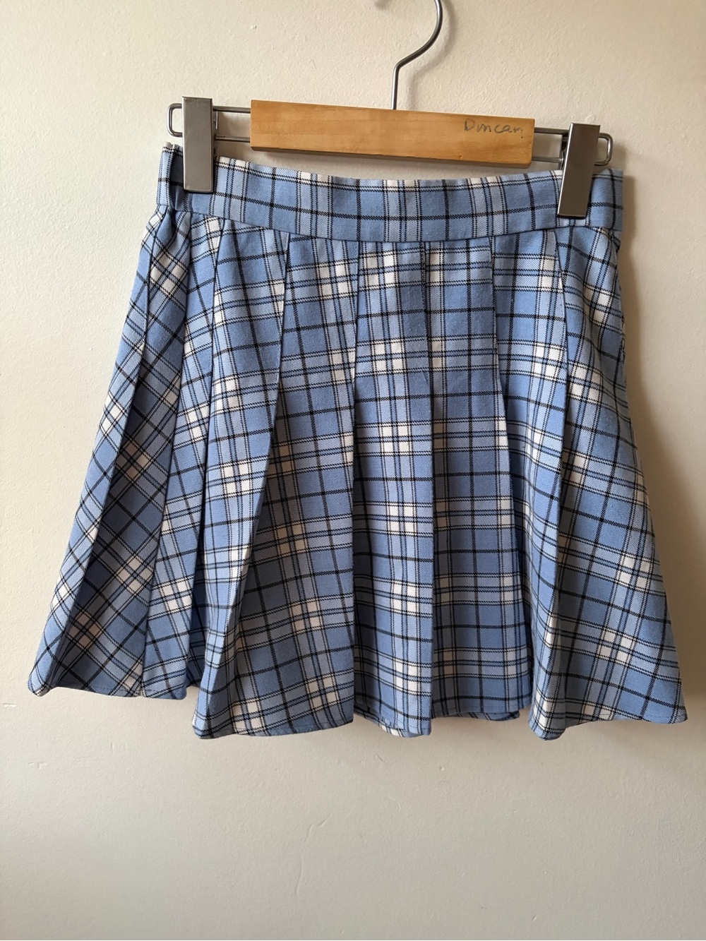 Garage Light Blue and White Plaid Pleated Mini Skirt